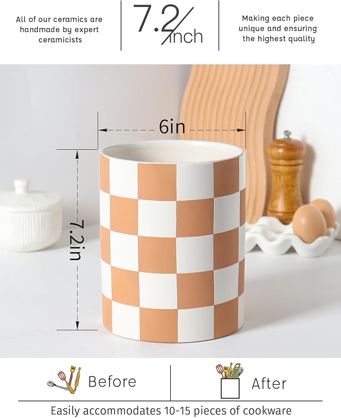 Utensil Holder，7.2 Inch Checkered Utensil Holder, Ceramic Cooking Utensil