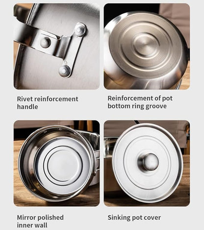 304 Stainless Steel Camping Cookware Set, Pots and Pans for Campfire Cooking, Includes Travel Tote Bag for 4-6 People