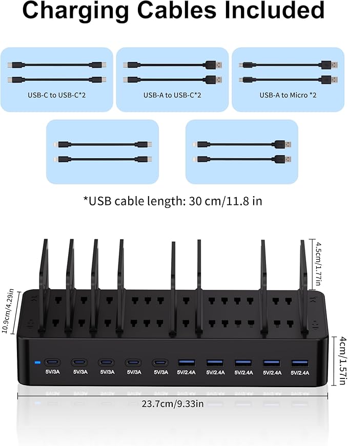 100W Charging Station for Multiple Devices, 10-Port USB Fast Charging Station