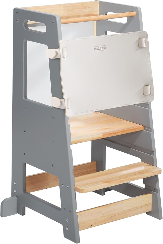 Toddler Kitchen Stools Helper with Adjustable Height and Anti-Slip Protection, Kids Standing Tower with Safety Rail, Kids Montessori Stool with Learning Chalkboard, Gray