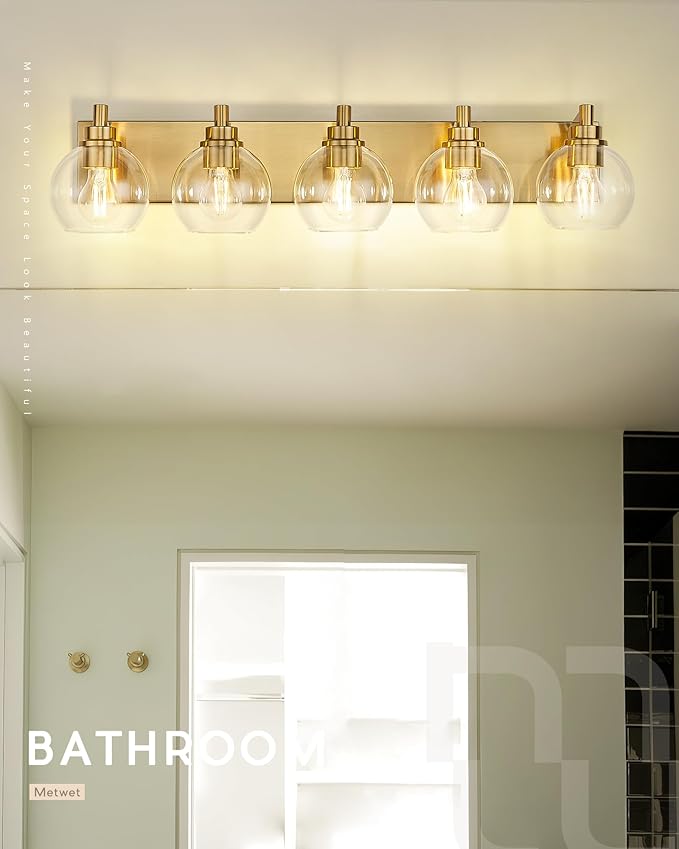 METWET Bathroom Light Fixtures, 5 Light Brushed Gold Vanity Light, 32 Inch