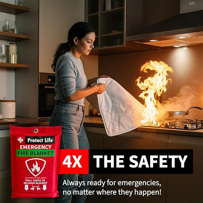 Protect Life Saving Emergency Fire Blankets 1 Pack - 40"x40", Fiberglass Fire Blanket for Home & Kitchen - Fire Suppression or Retardant Tarp - Fire Safety Kit for Car or Camping