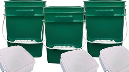 House Naturals 4 Gallon Square Food Grade Bucket Pail with Plastic Handles and Lid (Pack of 3) Made in USA containers (Dark Green)
