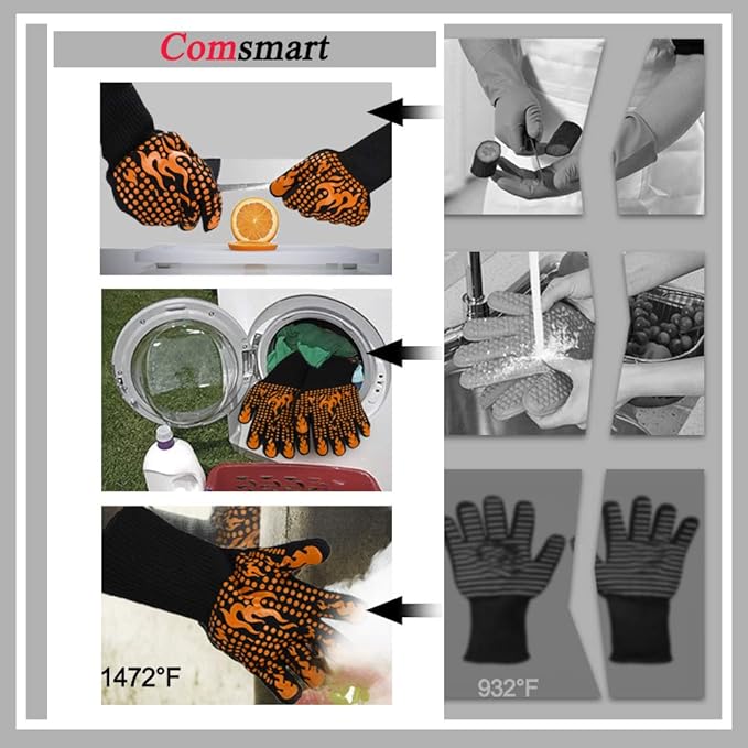 Comsmart BBQ Gloves, 1472 Degree F Heat Resistant Grilling Gloves Silicone