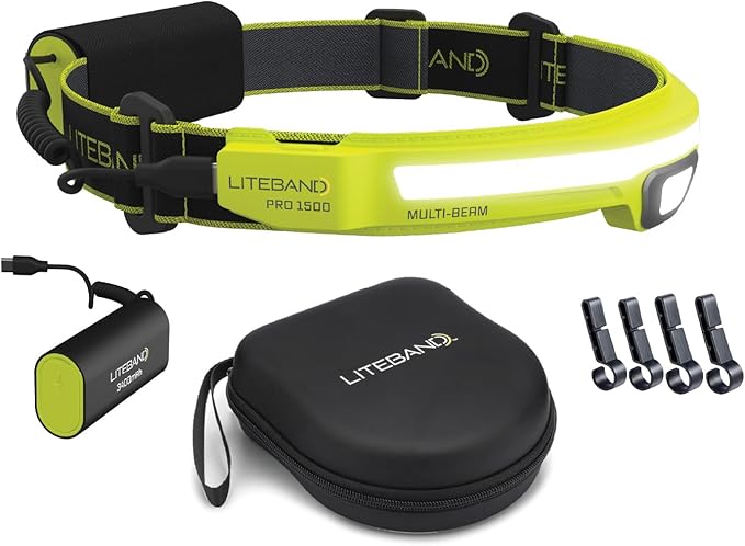 Liteband PRO Bundle 1500 Lumens LED Headlamp Rechargeable Battery Powered, Bright Tactical Head Lamp Flashlight Hard Hat Light, Mechanic Lamps, Camping, Running, Best Rated For Forehead, Yellow