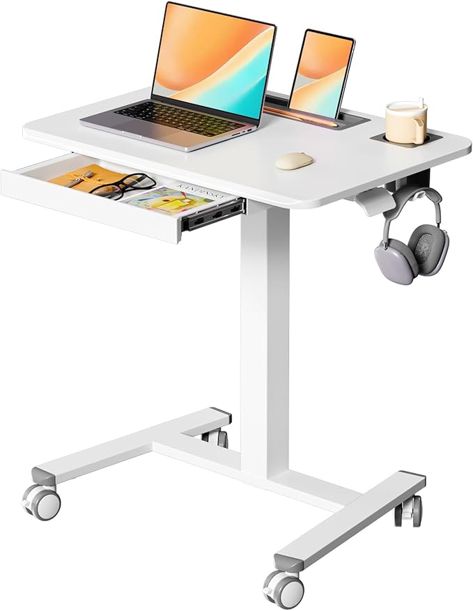 Mobile Standing Desk with Drawer, Portable Laptop Cart on Wheels, Height