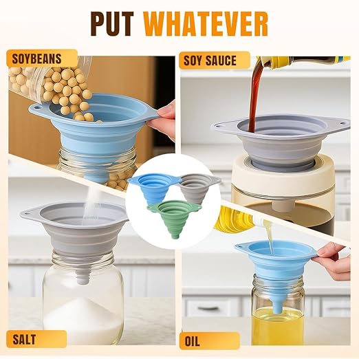 Kitchen Funnel Set 3 Pack, Collapsible Silicone Funnels