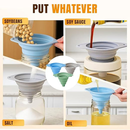 Kitchen Funnel Set 3 Pack, Collapsible Silicone Funnels
