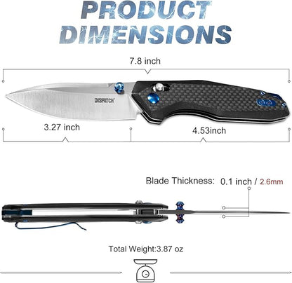 Dispatch Axis Lock Folding Pocket Knife with Clip, 3.27" D2 Steel Blade and Carbon Fiber Handle, Camping Folding Knives for Men Women Hiking Survival Pocketknife