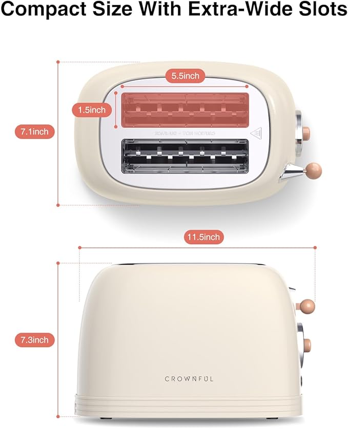 CROWNFUL 2-Slice Toaster, Extra Wide Slots Toaster, Retro Stainless Steel
