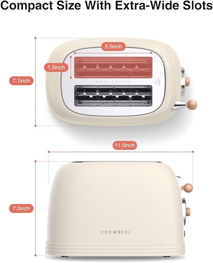 CROWNFUL 2-Slice Toaster, Extra Wide Slots Toaster, Retro Stainless Steel