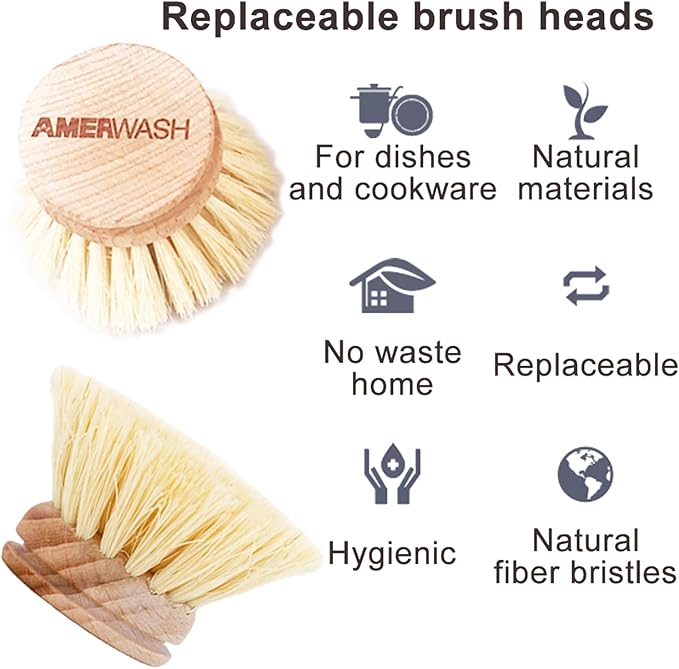 AMERWASH PLUS Classic Dish Brush Replacement Head 3 Packs, Natural Bristle