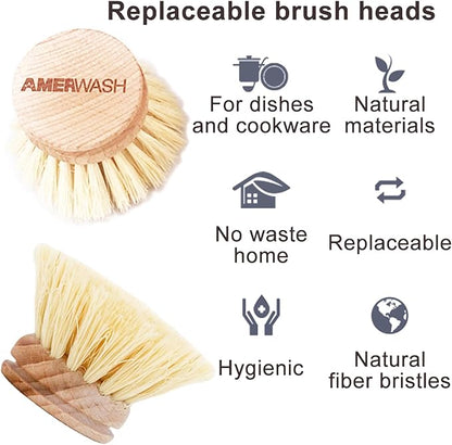 AMERWASH PLUS Classic Dish Brush Replacement Head 3 Packs, Natural Bristle