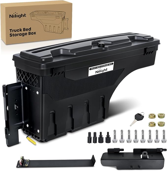 Nilight Truck Bed Tool Box Left Drivers Side Truck Tool Box Fit for Toyota Tundra 2007-2021 ABS Swing Case Truck Bed Storage Box with Lockable Lid Waterproof Wheel Well Toolbox Black