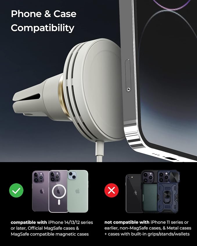 iOttie Velox Mini MagSafe Compatible Air Vent Car Mount in Astral Gray with Wireless Charging for iPhone 13, 14, 15 Series