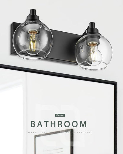 METWET Bathroom Light Fixtures, 2 Light Matte Black Vanity Light, Modern Wall