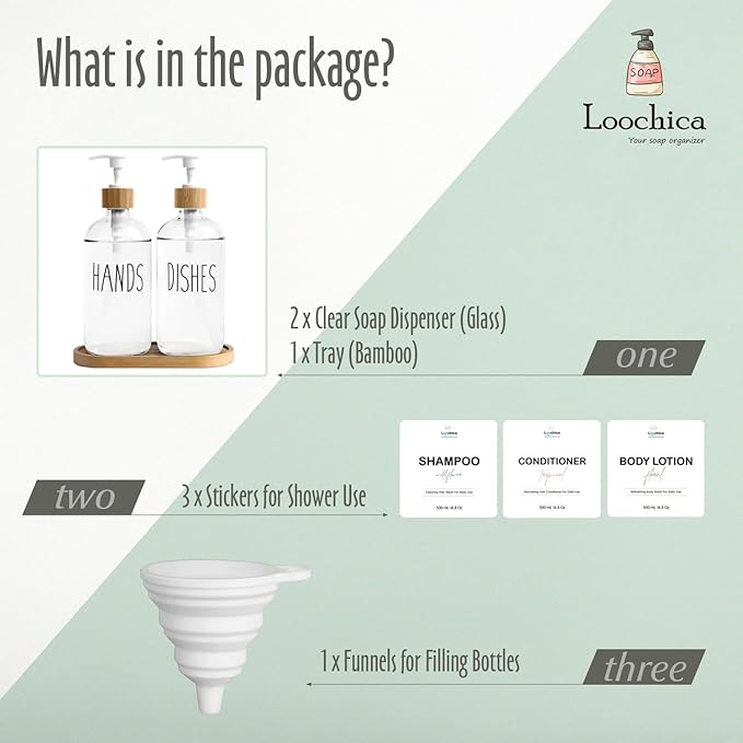 LOOCHICA Clear Glass Soap Dispenser Set