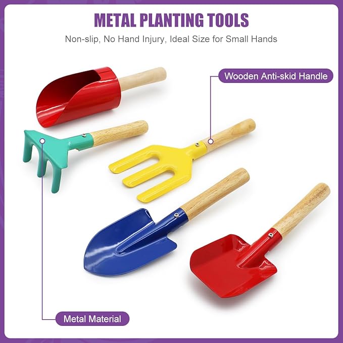 15 PCS Kids Gardening Tool Set for Girls Boys, Toddler Gardening Tools Set with Wheelbarrow, Flower Pot, Storage Bag, Rake, Fork, Shovel, Apron, Outdoor Garden Tool Play Set for Kids