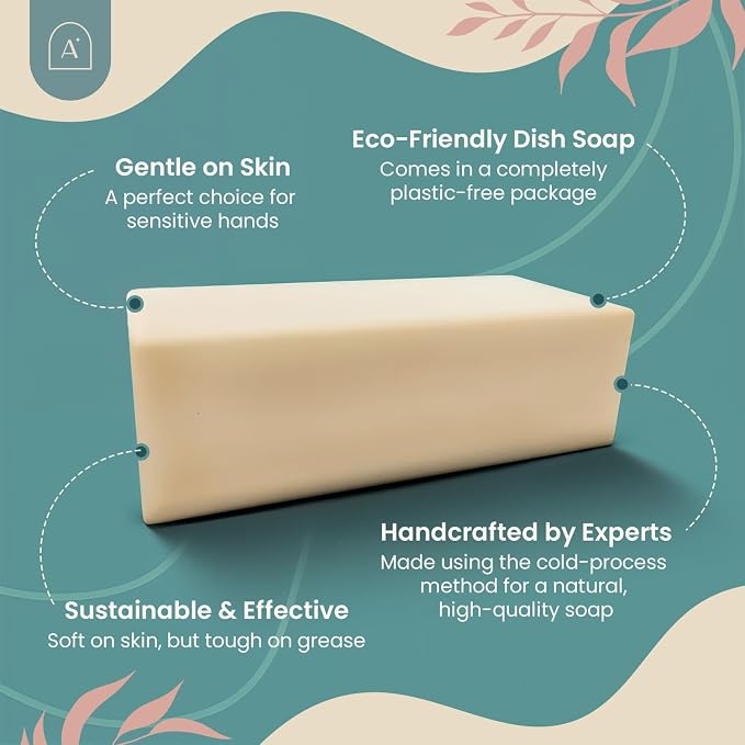 Natural Dish Soap Bar, Cleaning Dishes Solid Block for Kitchen - Organic Biodegradable Dishwashing, only 4 Ingredients, Gentle on Hands - Unscented (3 Pack, 19oz)