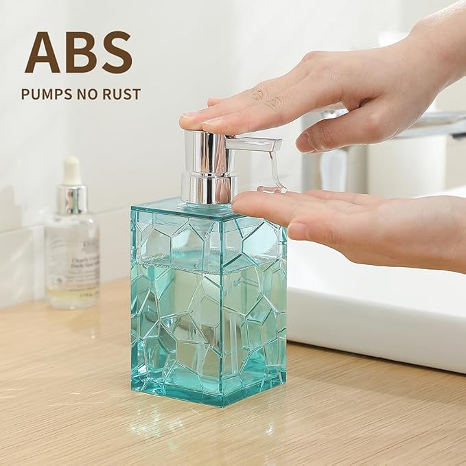 2 Pack Clear Teal Blue Rust Proof Soap Dispenser, Acrylic Plastic Hand Soap