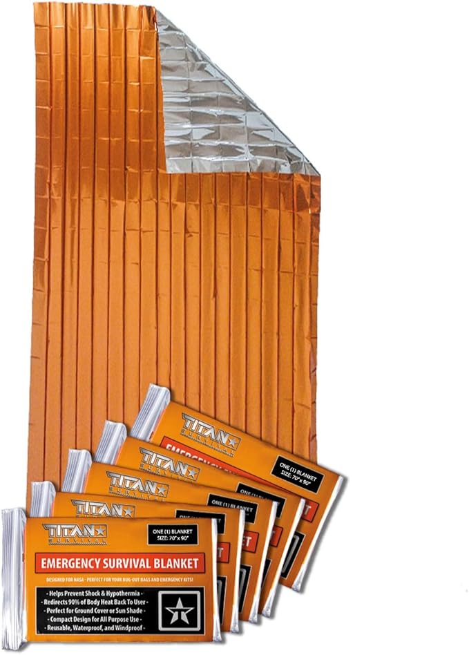 TITAN Survival - Mylar Survival Blankets 5 Pack - 90% Heat Retention & Waterproof Design - Emergency Blanket Cold Weather Protection & Survival Kits - Durable Space Blanket for Outdoor Use