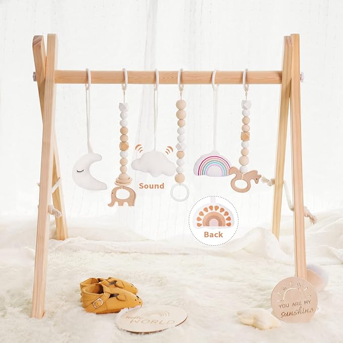 little dove Foldable Wooden Play Gym with 6 Toys - Infant Activity Gym for Baby Girls and Boys with Hanging Bar - Montessori Newborn Gift