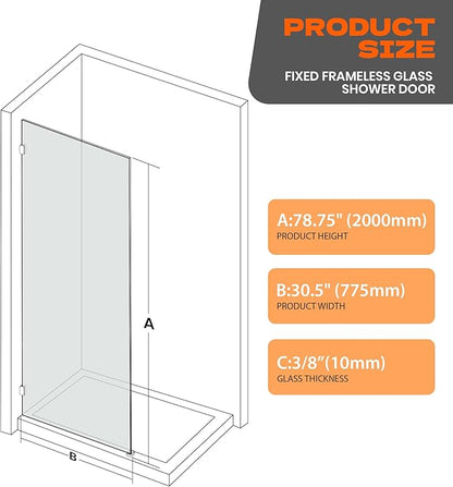 Bathroom Shower Door 30.5" W x 78.75" H, Frameless Fixed 3/8" Thick Clear