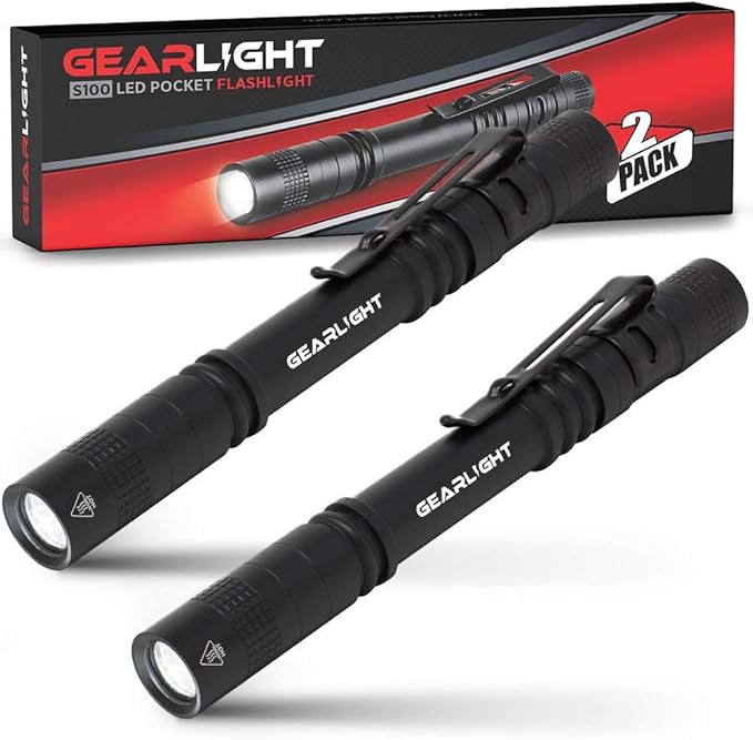 GearLight S100 LED Pocket Pen Light- 2 Small, Compact Flashlights with Clip for Tight Spaces, Police Inspection, Nurses & Medical Use - White Light - 2 Pack, (S100 Pen Light)