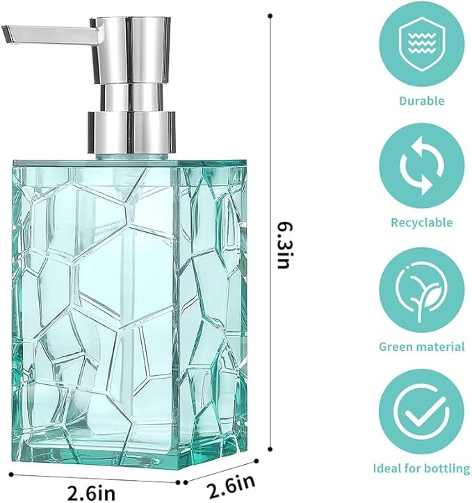 2 Pack Clear Teal Blue Rust Proof Soap Dispenser, Acrylic Plastic Hand Soap
