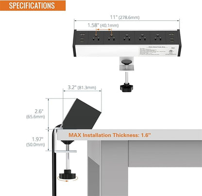 Tecmojo Desk Clamp Power Strip 5 Outlet