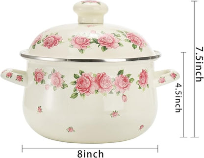 SOUJOY Enamel Stockpot with Lid, 2.8 Quart Retro Cooking Pot, Vintage Floral