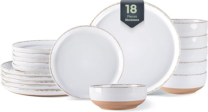 AmorArc 18 Pieces Ceramic Dinnerware Sets for 6, Handpainted Stoneware Plates and Bowls Set with Rustic Terracotta Underside, Scratch Resistant Dishes Set, Dishwasher & Microwave Safe, White
