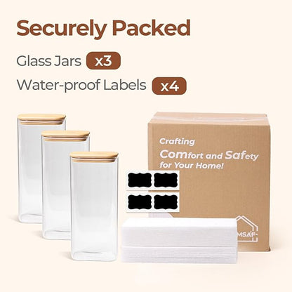 ComSaf 2 Qt Rectangle Glass Storage Containers with Lids, Glass Jars with Bamboo Lids, Clear Food Jar, Square Canister Set of 3, Pantry Organizers and Storage for Flour Pasta Coffee Bean