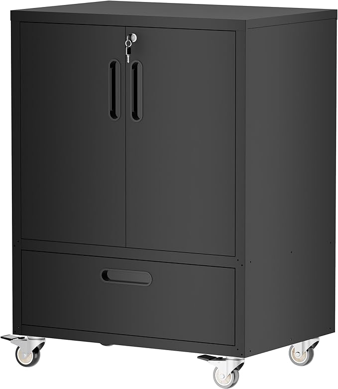 Metal Storage Cabinet with Wheels, Mobile Garage Storage Cabinet with 2