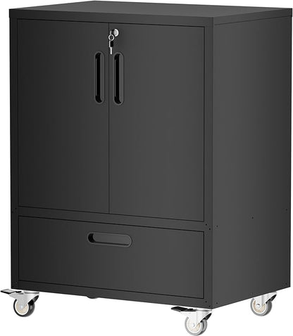 Metal Storage Cabinet with Wheels, Mobile Garage Storage Cabinet with 2