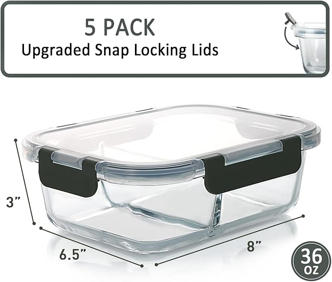 MCIRCO 5-Pack 36oz Glass Meal Prep Containers with 2 Compartments