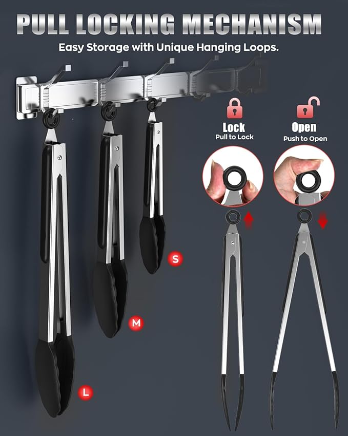 600ºF Heat Resistant Kitchen Tongs, Premium Locking Cooking Tongs