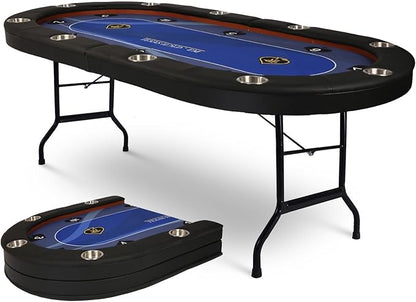 LUCKYERMORE Upgraded 10 Players Poker Table with Stainless Steel Cup Holder, 84”Folding Casino-Style Texas Game Poker Tables with Padded Rails, Blue Felt Surface, Fully Assemble