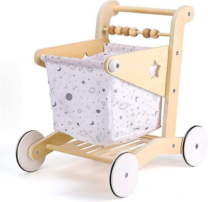 Woodtoe Wooden Baby Walker Doll Stroller | Adjustable Speed Shopping Cart for Toddlers 1-3 | Baby Push Walker - Pretend Play Grocery Cart | Natural Wood Stroller Push Toys for Babies Learning to Walk