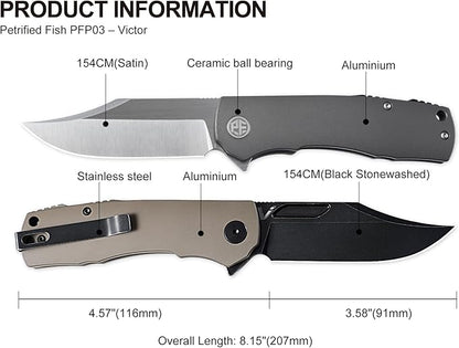 Petrified fish PFP03 Victor,3.58" K110 Stonewashed Blade,140g Micarta Handle Flipper Liner lock Folding knife (Blue Stonewashed)