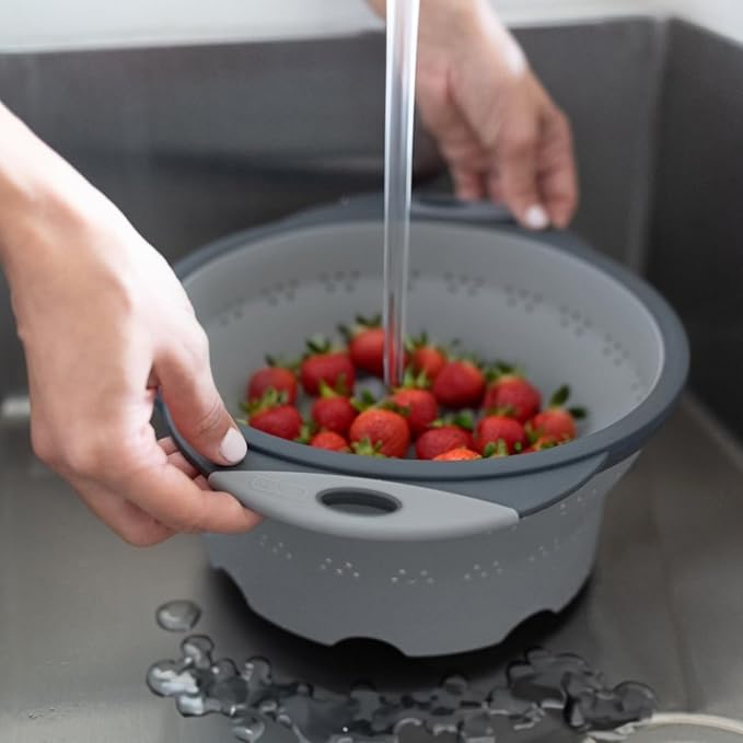 Dexas 8" Collapsible Silicone Colander in Cool Grey, Kitchen Strainer