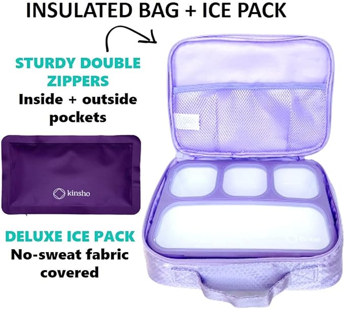 Bento-Box with Lunch Bag and Ice Pack Set. Containers for Kids Girls Adults Snacks and Lunches. 4 Compartments, Leak-proof Portion Container Boxes Insulated Bags for School, Purple