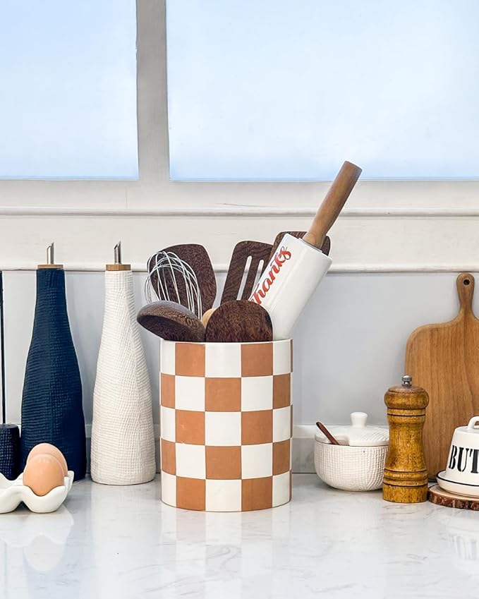 Utensil Holder，7.2 Inch Checkered Utensil Holder, Ceramic Cooking Utensil