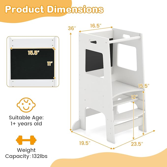 INFANS Toddler Standing Tower, Kids Montessori Kitchen Step Stool Helper with 2 Adjustable Height Learning Blackboard Safety Rail Wooden, Anti-Slip Mats, 1-3 Year Old Boy Girl Gifts (White)