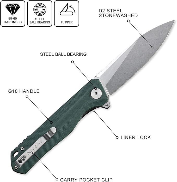 Petrified fish G10 handle D2 steel blade 2CR13 liner ball bearing flipper folding knife camping hunting EDC pocket tool PF818 (Green, Stonewash)