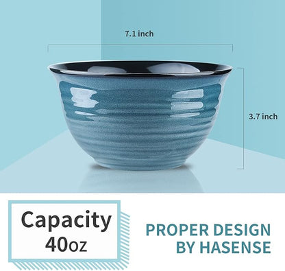 Hasense Soup Bowls for Kitchen, 40 Ounce Large Cereal Bowls, 7 Inch Ceramic Serving Bowls for Salad Pasta Soup Popcorn, Dishwasher & Microwave Safe, Set of 4(Blue)