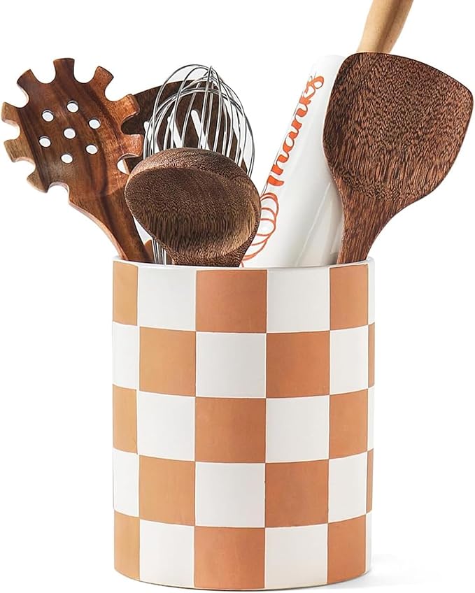 Utensil Holder，7.2 Inch Checkered Utensil Holder, Ceramic Cooking Utensil
