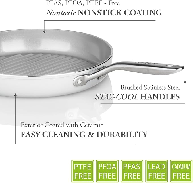 TECHEF - CeraTerra Collection, 12" Ceramic Nonstick Grill Pan (PTFE, PFAS, and PFOA Free), Made in Korea (12-in Grill Pan)