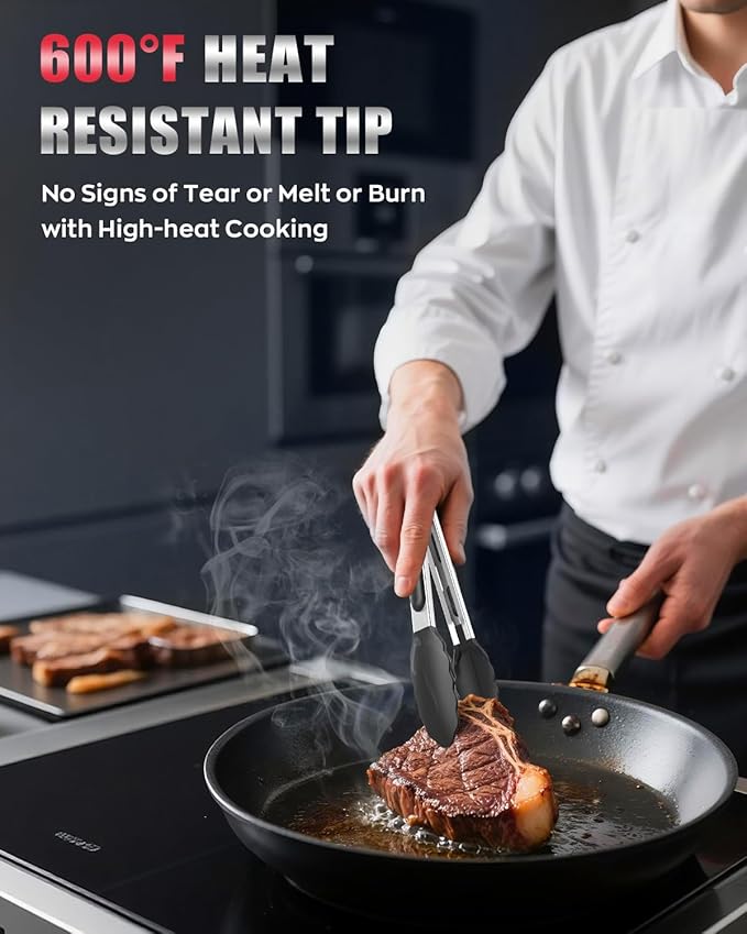 600ºF Heat Resistant Kitchen Tongs, Premium Locking Cooking Tongs
