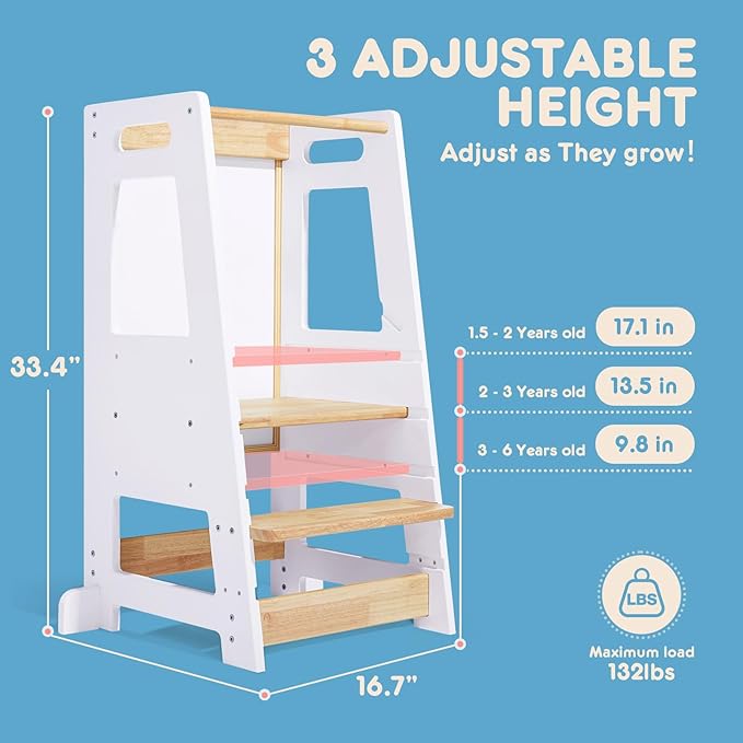 Toddler Kitchen Stools Helper with Adjustable Height and Anti-Slip Protection, Kids Standing Tower with Safety Rail, Kids Montessori Stool with Learning Chalkboard, White